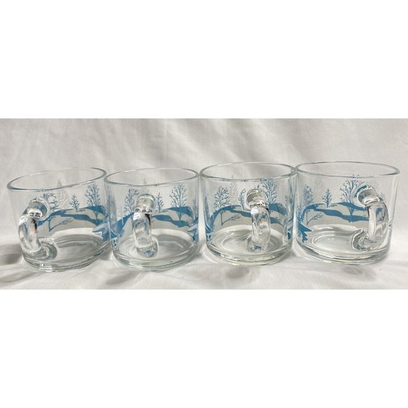 Anchor Hocking Clear Glass Coffee Tea Cups Mugs Winter Blue Scene Trees - Picture 5 of 7